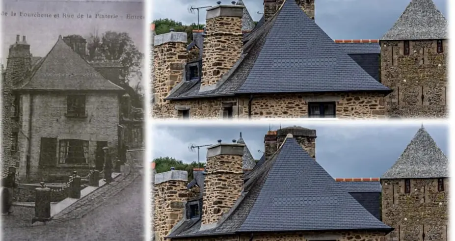 Comparaison d'une maison en pierre à Fougères : carte postale ancienne en noir et blanc à gauche, toiture en ardoise rénovée à droite