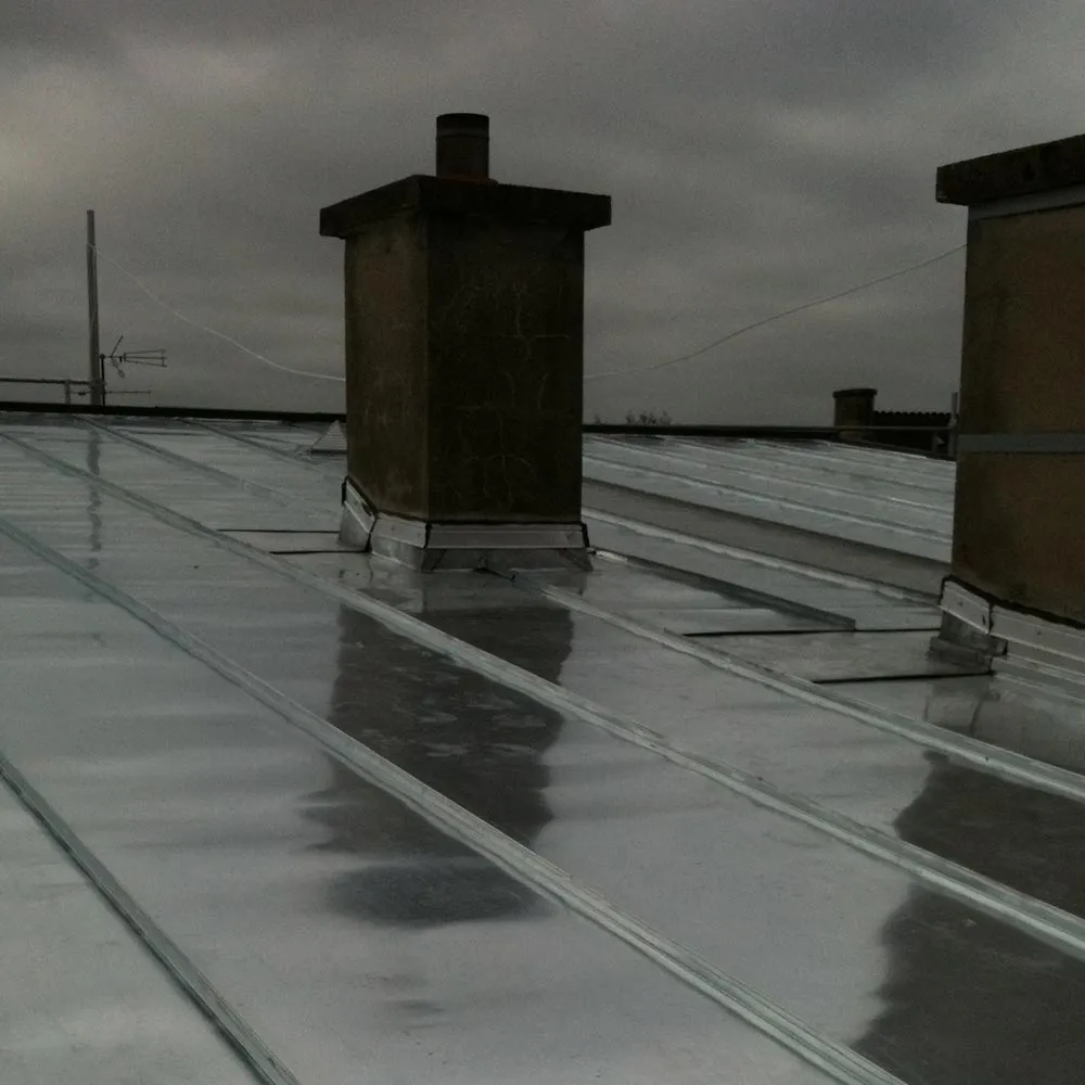 Toiture en zinc avec deux cheminées métalliques sous un ciel couvert, aux surfaces rendues brillantes par la pluie.